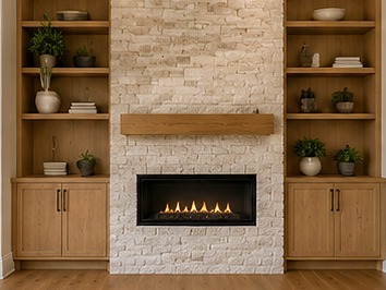 Floor-to-ceiling stone fireplace with a linear gas firebox, oak mantel and built-in shelving