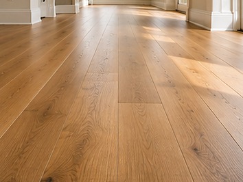 Newly installed wide-plank white oak flooring running through a sunlit room