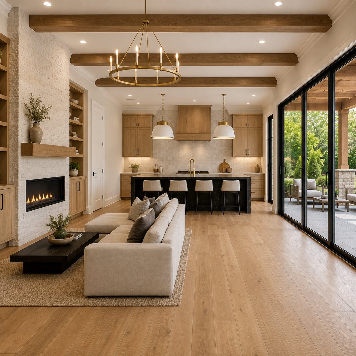 Renovated open-concept great room with a stone fireplace, oak kitchen, beamed ceiling and sliding glass doors to a covered patio