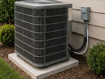 Newly installed air conditioning condenser on a concrete pad beside a home