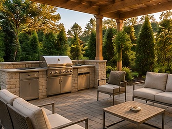 Covered timber pergola over a paver patio with an outdoor kitchen and seating